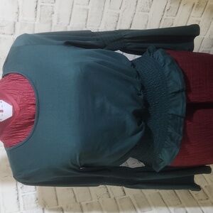 Love J Dark Green Blouse with Smocked Waist